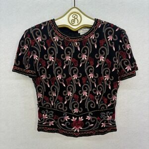 Papéll Boutique Evening 100% Silk Beaded Embroidered Top Women Small Black Red